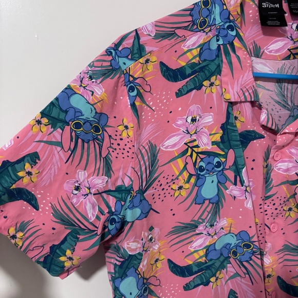 Disney Stitch men’s Coral Pink Tropical floral Print Men's button down Shirt L - Picture 5 of 9
